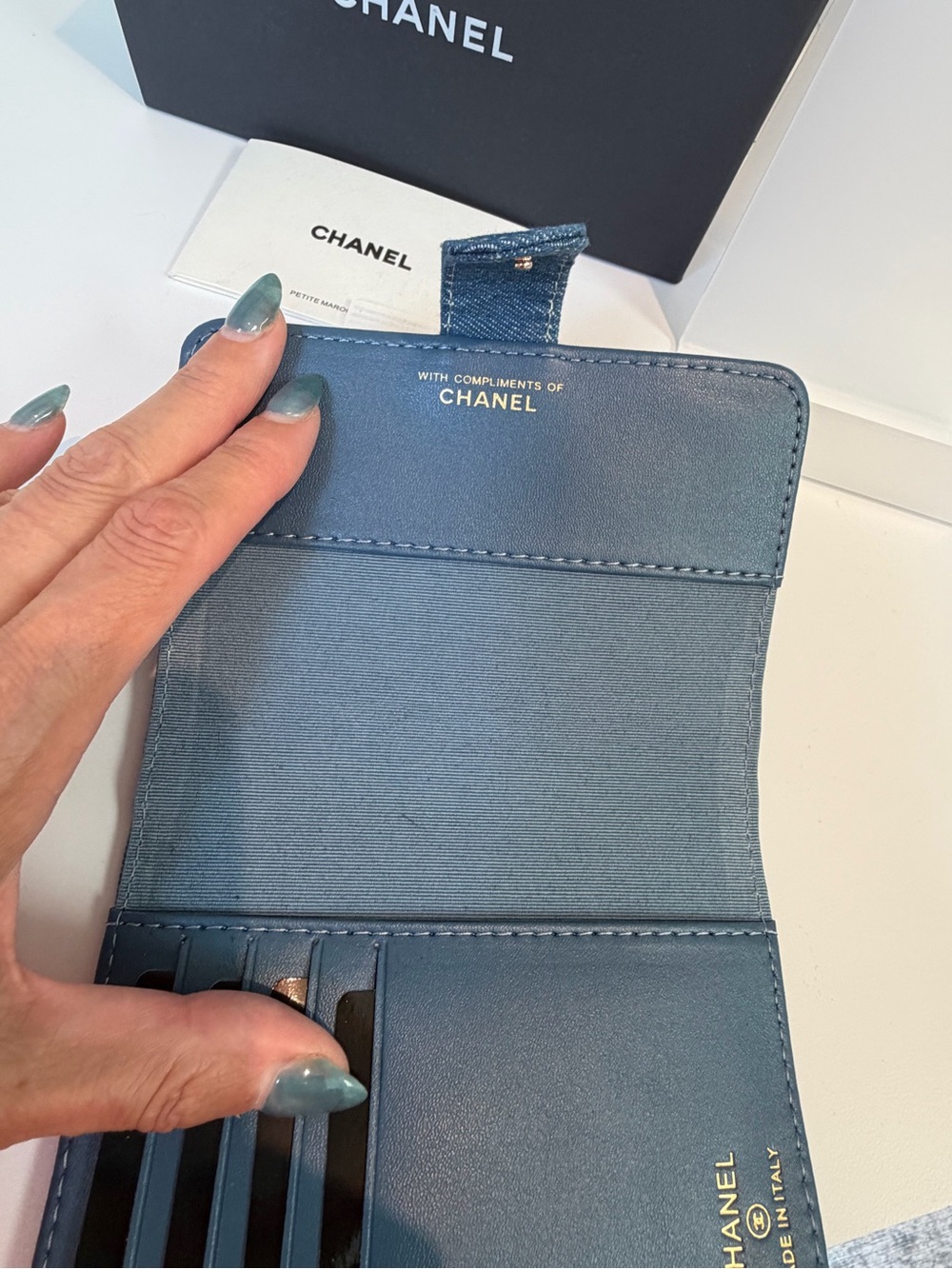 NIB Blue Denim Chanel GWP CC Logo Wallet Passport Holder Folio Case - Picture 8 of 15